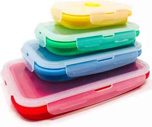 Set of 4 Collapsible Silicone Food Storage Container Meal Box Bento Lunch Boxes - Picture 1 of 7