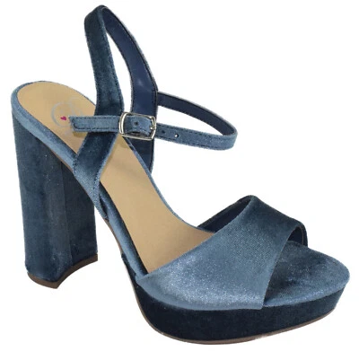 Deliciosos Zapatos Mujer Correa al Tobillo Gruesa Tacón Alto Punta abierta Plataforma Azul Bosque Foto 1 de 2