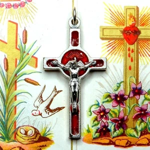 Crucifix, Pray for us. English version. Antique Religious Medal. Enamel Cross - Picture 1 of 5