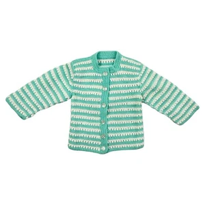 Vintage Sweater Infant Infant Girl Crochet Cardigan Teal White Stripe 3-6 Months - Picture 1 of 3
