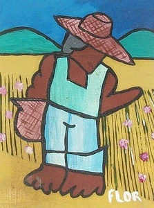 FLOR NAIVE ART ORIGINAL PAINTING PRIMITIVE AGRICULTURE FARMER COTTON NEGRO BLACK - Picture 1 of 4