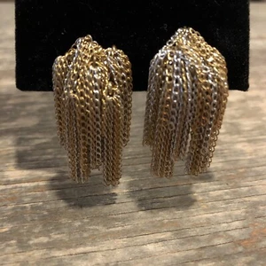 Les Bernard Gold Silver Tone Chain Tassel Clip On Earrings Vintage 1.5" - Picture 1 of 5