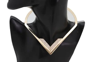 Women Gold Metal Strand Fashion Elegant Jewelry Choker Short Necklace V Shape - Picture 1 of 12
