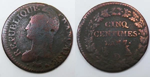 1 Moneda De 5 Céntimos Bronce Dupré Año 7 De - Imagen 1 de 1
