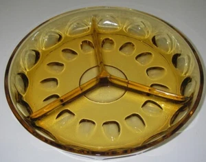 Hazel Atlas Glas REFLEXION Bernstein Relish Schale 3-teilig 8" Daumenabdruck ATc7 - Bild 1 von 3