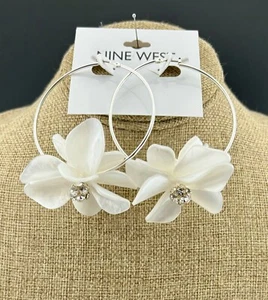 NWT Nine West Large Silver and Pearl Tone Floral Rhinestone Hoop Earrings - Picture 1 of 5