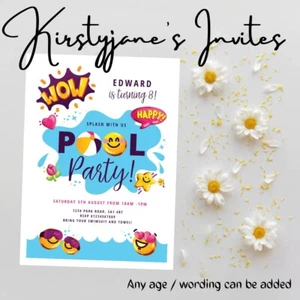 Birthday party invitations invites girls Boys Pool Swimming Emoji Personalised - Picture 1 of 2