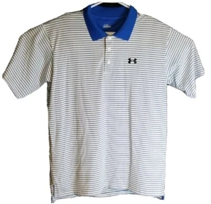 Mens Under Armour Striped Blue/White Quarter Button Collar Shirt Medium Spellout - Picture 1 of 7
