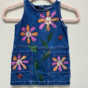 Gap Girls Sheath Dress Blue Pink Floral Crew Neck Zipper Sleeveless Denim XXS - Picture 1 of 7