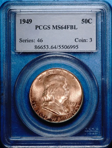 1949 Franklin Half Dollar Silver UNC, PCGS MS64 FBL, Older case has scuffs, 995 Cover