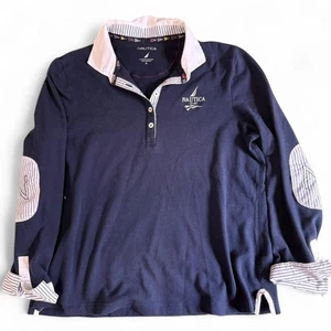 Vintage Nautica Navy Academia Preppy Long Sleeve Polo Shirt with Elbow Patches - Bild 1 von 8