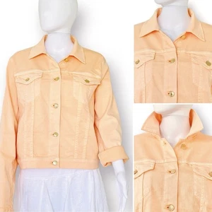 MICHAEL KORS Denim Jacket Gold Button XL Stretch Patch Pocket Pointed Collar NEW - Picture 1 of 15
