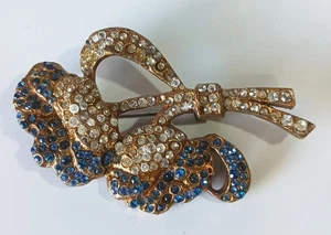 Antique Brassy Gold-tone Flower Bouquet Brooch w Blue & White Rhinestones - Picture 1 of 11