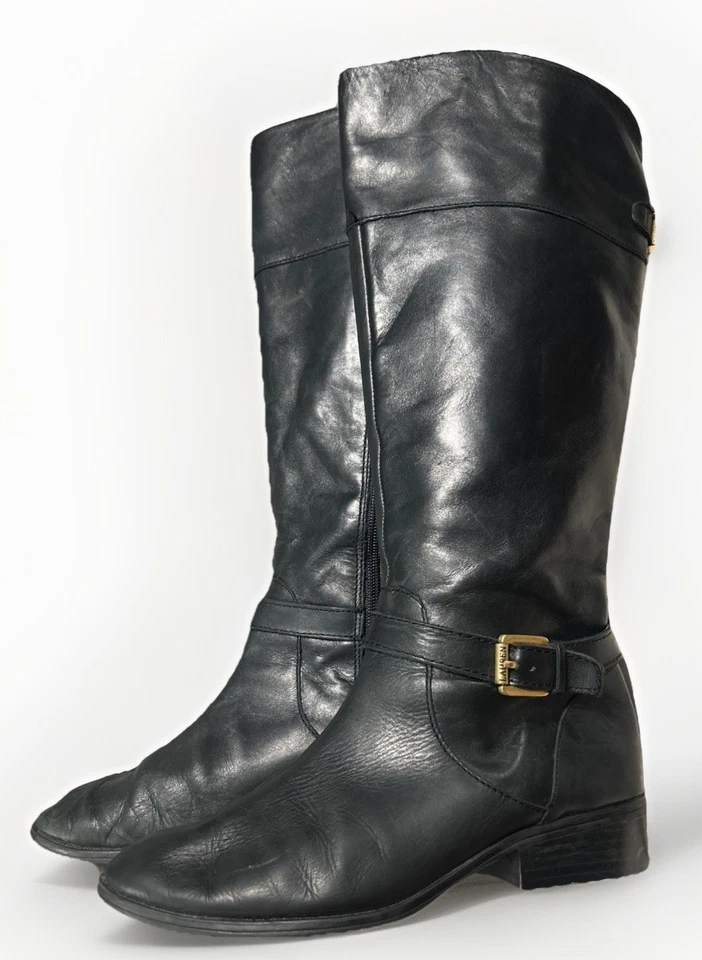 Lauren Ralph Lauren Melora Black Leather Tall Riding Boots Vintage Style Size 7B - Image 1 of 4