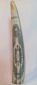 A Vintage Scrimshaw In The Shape Of A Whales Or Walrus Tooth 1980's. - Picture 1 of 11