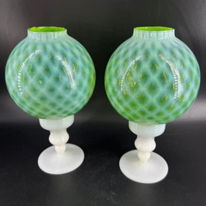 Set 2 Stelvia Empoli Green Quilted Opalescent Candle Holders - Picture 1 of 7