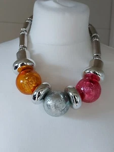 Huge Chunky Silvertone Beaded Necklace Fun Atomic Pink Orange Metallic Robot - Picture 1 of 11