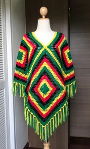 Women's Hand Knit Crochet Boho Reggae Multi-Color Festival Poncho Cape Shawl - Picture 1 of 12