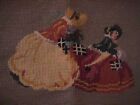 VINTAGE NEEDLEPOINT: 2 WOMEN IN YELLOW RED & GREEN DRESSES, OD GREEN BACKGROUND