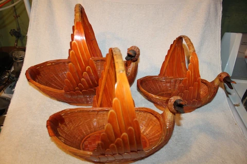Lot of 3, Swan Goose Duck Nesting Basket Zhejiang Bamboo Wicker Ben Rickert, BOX Cover