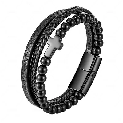 Black Onyx 3 Strands Christ Cross Leather Braided Men Bracelet Valentine Gift - Image 1 of 4