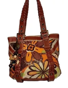 VINTAGE ISABELLA FIORE FLOWER POWER JAN MULTI-COLOR BEADED BROWN LEATHER $695 - Picture 1 of 21