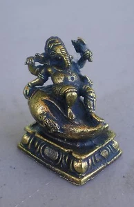 Small Seated Ganesh w/ Conch Brass Statue for Hindu Practice 1" High - Picture 1 of 2