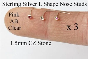 3 X Solid Sterling Silver Nose Studs Pink Clear AB CZ Jewel L Shape 0.6mm Stem - Picture 1 of 1