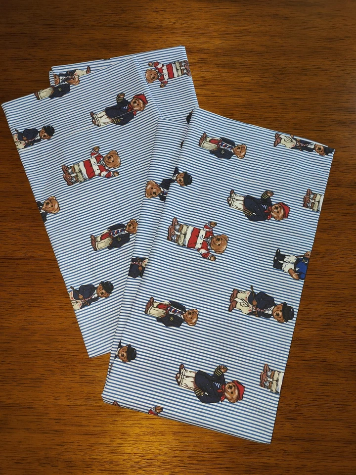 Ralph Lauren POLO TEDDY BEAR Blue Striped 2 KING Pillowcases New - Image 1 of 4