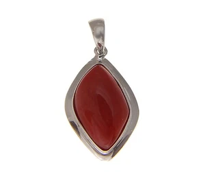 GENUINE NATURAL CABOCHON RED CORAL PENDANT SOLID 14K WHITE GOLD 13MM - Picture 1 of 2