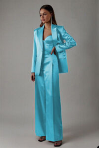 Silk Satin Women Suits Lady Office Formal Work Party Prom Set 2Pcs Blazer Pant
