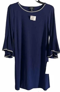 MSK Petite Royal Blue Diamond Trim Bell Sleeve Dress Size Petite Medium Classic - Picture 1 of 12