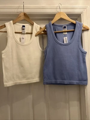 Juego de 2 camisetas sin mangas acanaladas sin costuras ajustadas azul marino antiguas talla XL blancas/azules nuevas con etiquetas Foto 1 de 4