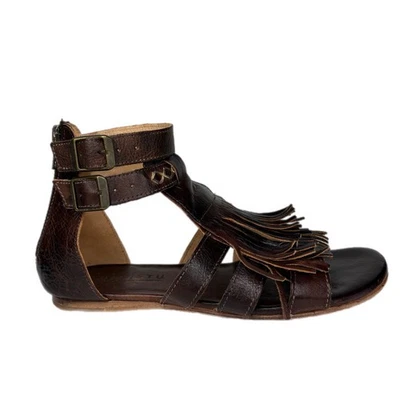 BED|STU Alena Brown Leather Fringe Zip Back Boho Gladiator Sandals - Women's 8 - Image 1 of 4