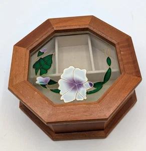 Vintage Wood Stained Glass Jewelry Trinket Box Floral Octagon 6.5" - Picture 1 of 9