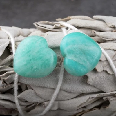 Amazonite Puffy Heart Stud Earrings Crystal Boho Teal Blue Womens Jewelry Gift - Image 1 of 4