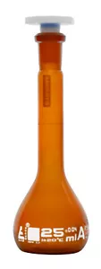 Eisco Labs 25ml Volumetric Flask - Class A - 10/19 Stopper - Amber Color - Picture 1 of 1