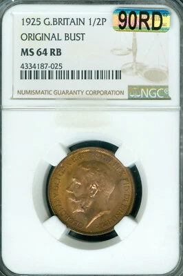 1925 GREAT BRITAIN PENNY NGC MS64 RB MAC 90RD  . - Image 1 of 2