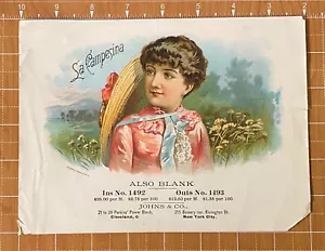 LA CAMPESINA ~ Schönheit mit Strohhut ~ Probe innen Zigarrenetikett ~ Johns & Co. Lithographie - Bild 1 von 3