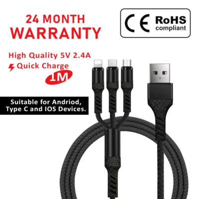 3 in 1 Fast Charging Heavy Duty Braided Charging Cable suitable for all types - Image 1 of 4