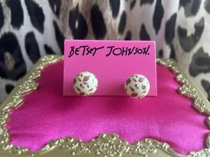 Betsey Johnson Vintage Tea Party Pink Rose Bud Rosebud White Ball Earrings RARE - Picture 1 of 3