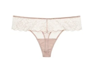 Women's Thong Panty Size S Silky Soft Microfiber Lace Waistband Sheer Taupe - Picture 1 of 3