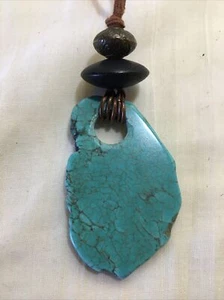 Handmade Necklace 32 1/2”adjustable Suede Cord Turquoise Pendant Wood Beads NEW - Picture 1 of 6