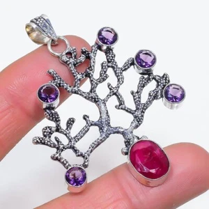 Ruby(Simulated), Amethyst Gemstone 925 Sterling Silver Pendant 2.52" m936 - Picture 1 of 2