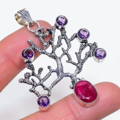 Ruby(Simulated), Amethyst Gemstone 925 Sterling Silver Pendant 2.52" S154 - Image 1 of 2