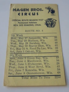 Old Vintage 1957 - HAGEN BROS. CIRCUS - Official ROUTE No. 4 - CARD - Picture 1 of 1