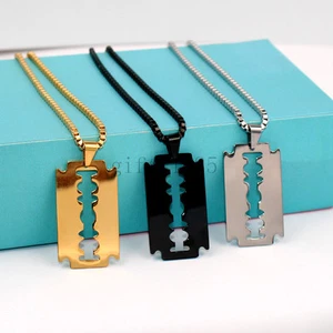 Razor Blade Necklace Silver/golden/black Stainless Steel Pendant 24in box Chain - Picture 1 of 15