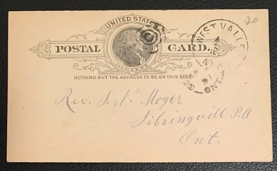1891 UNITED STATES POSTAL CARD UX9 WEST VALLEY VIRGINIA-SIBRINGVILLE ONTARIO VF - Image 1 of 2