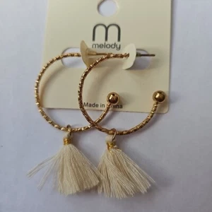 Earrings 1.25" C-Hoop White Tassel Gold Tone Stud Beauty Club Casual Daily Wear - Picture 1 of 7