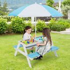 3-In-1 Kids Picnic Table Chairs Set Wooden Sand Water Desk W/Umbrella Play Boxes
